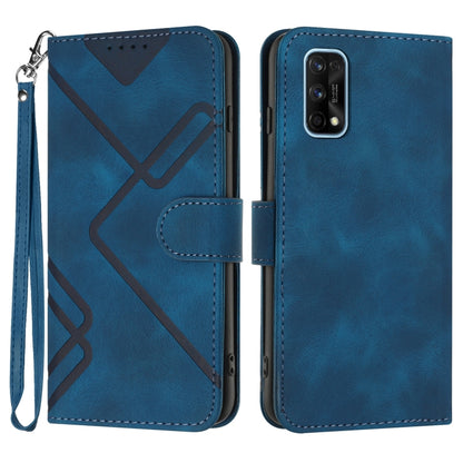 Blue leather flip phone case with geometric line pattern and wrist strap