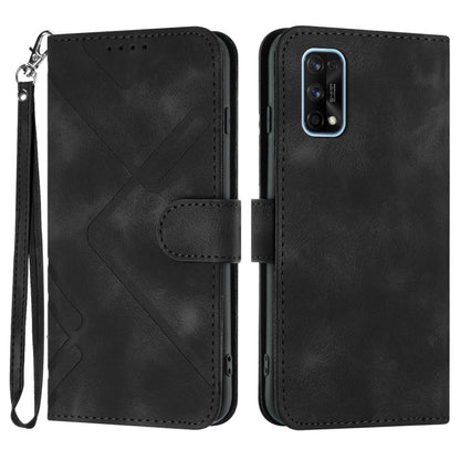 Black leather flip phone case with geometric line pattern and wrist strap