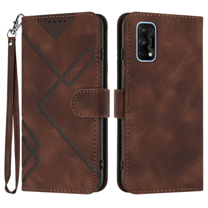 Brown leather flip phone case with geometric line pattern and wrist strap