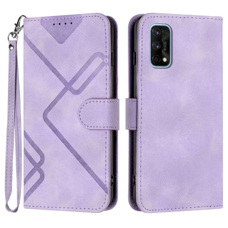 Lavender leather flip phone case with geometric line pattern and wrist strap