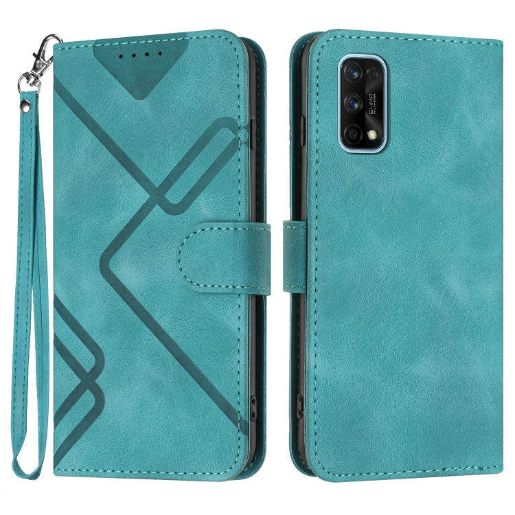 Teal leather flip phone case with geometric line pattern and wrist strap