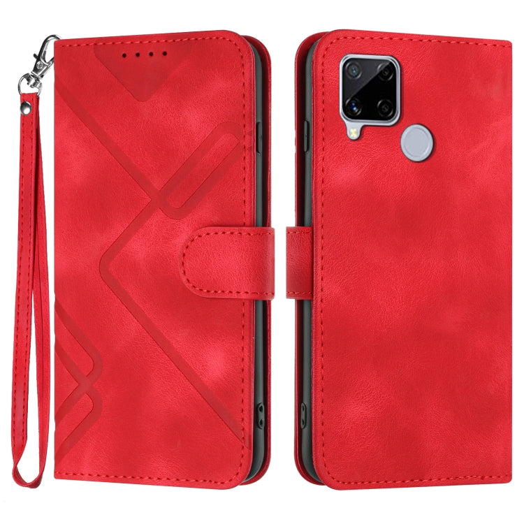 Red leather wallet phone case with line pattern, wrist strap, and card slot