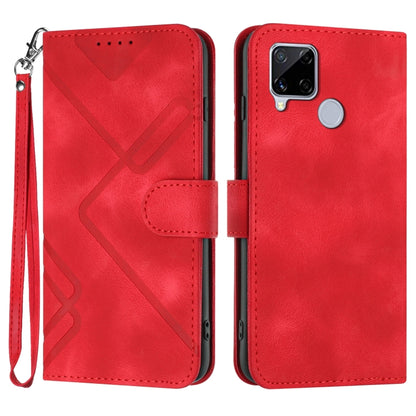 Red leather wallet phone case with line pattern, wrist strap, and card slot