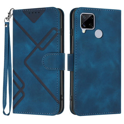 Royal blue leather wallet phone case with line pattern, wrist strap, and card slot
