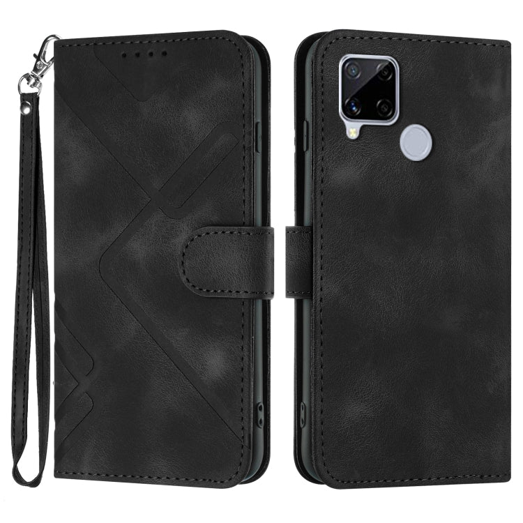 Black leather wallet phone case with line pattern, wrist strap, and card slot