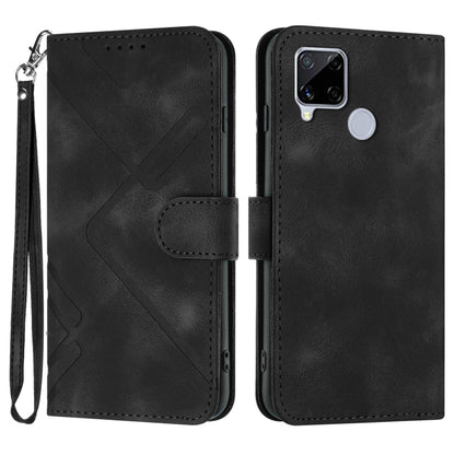 Black leather wallet phone case with line pattern, wrist strap, and card slot