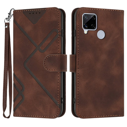 Coffee brown leather wallet phone case with line pattern, wrist strap, and card slot