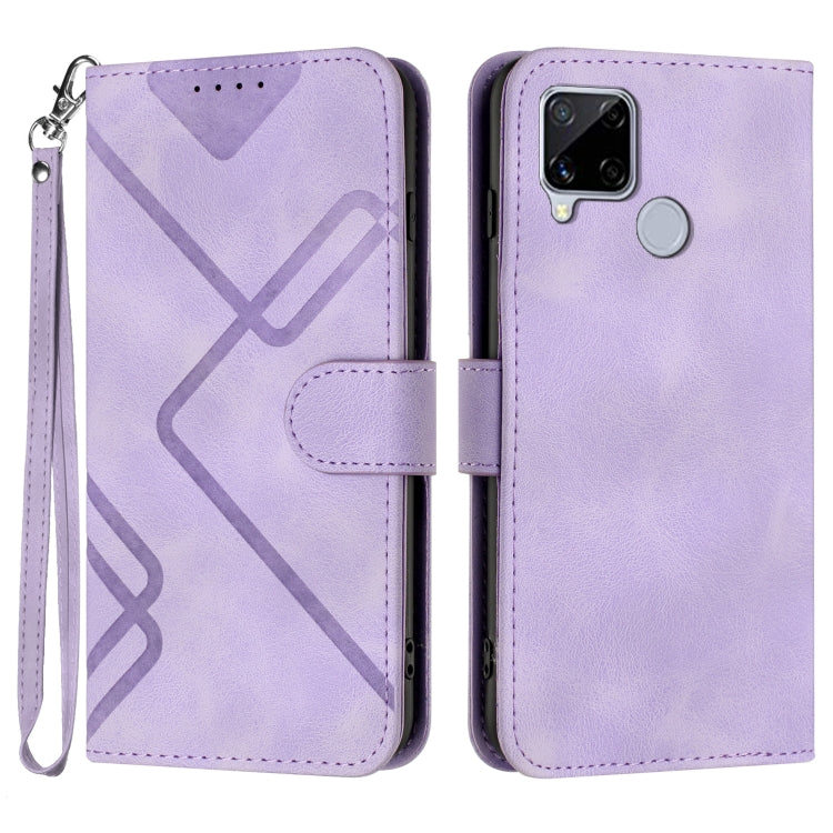 Light purple leather wallet phone case with line pattern, wrist strap, and card slot