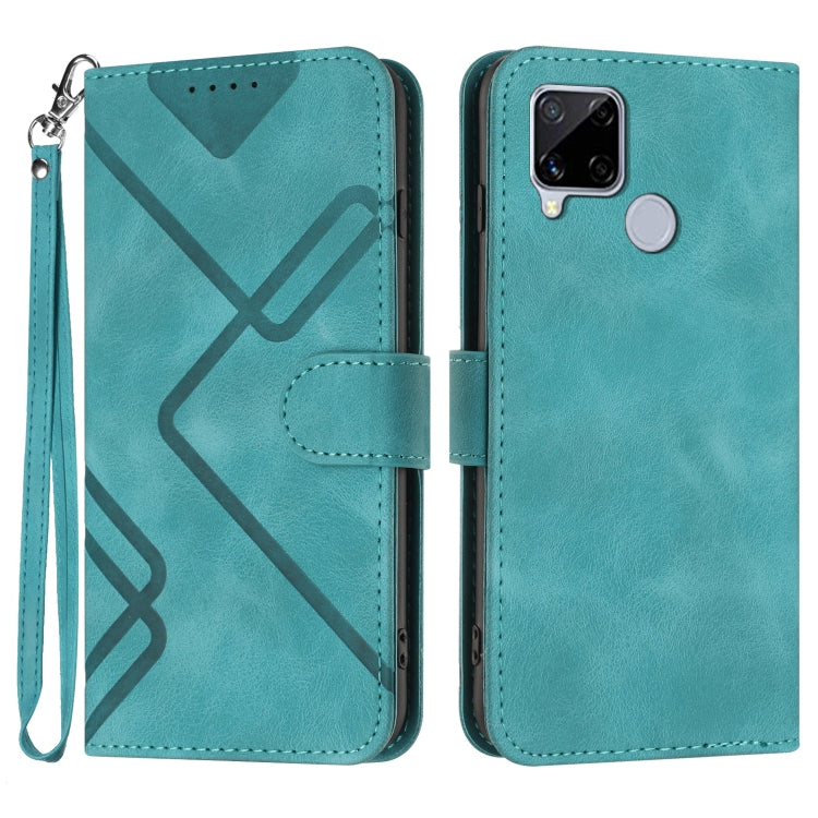 Light blue leather wallet phone case with line pattern, wrist strap, and card slot