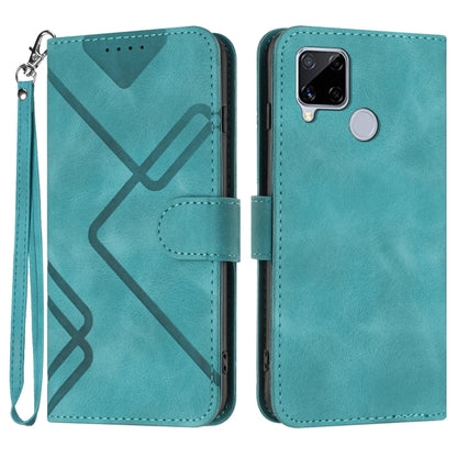 Light blue leather wallet phone case with line pattern, wrist strap, and card slot