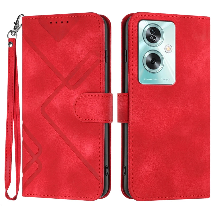 Red leather flip phone case with geometric line pattern and camera cutout