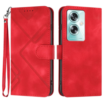 Red leather flip phone case with geometric line pattern and camera cutout
