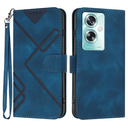 Blue leather flip phone case with geometric line pattern and camera cutout