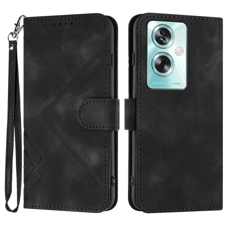 Black line-pattern leather wallet phone case with magnetic folio and wrist strap