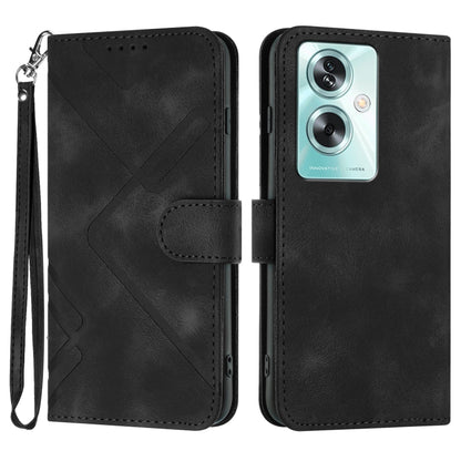 Black line-pattern leather wallet phone case with magnetic folio and wrist strap
