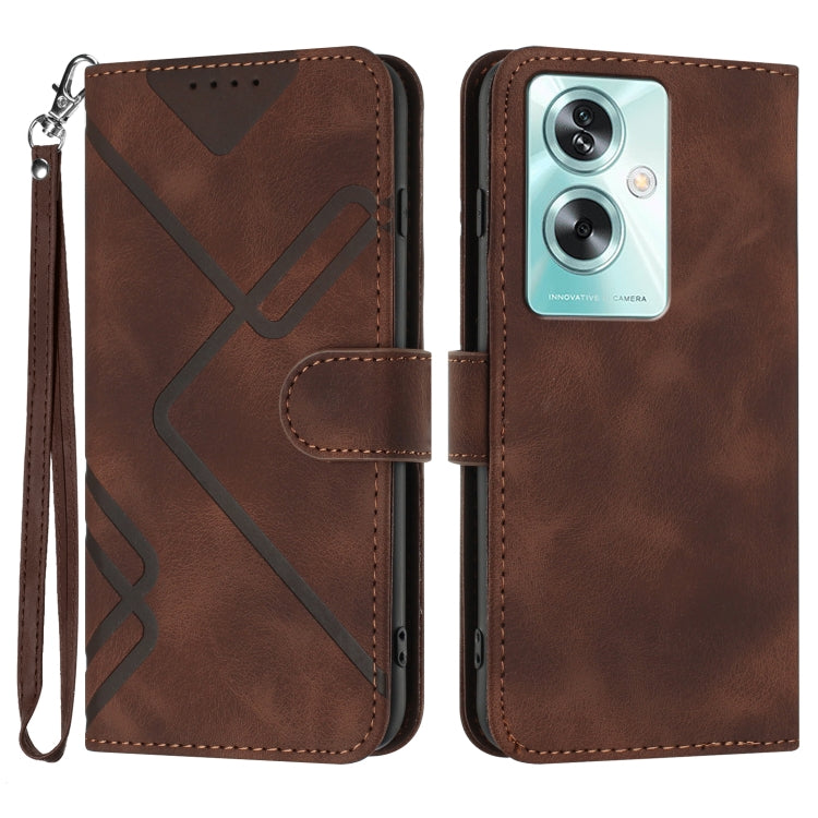Coffee brown line-pattern leather wallet phone case with magnetic folio and wrist strap