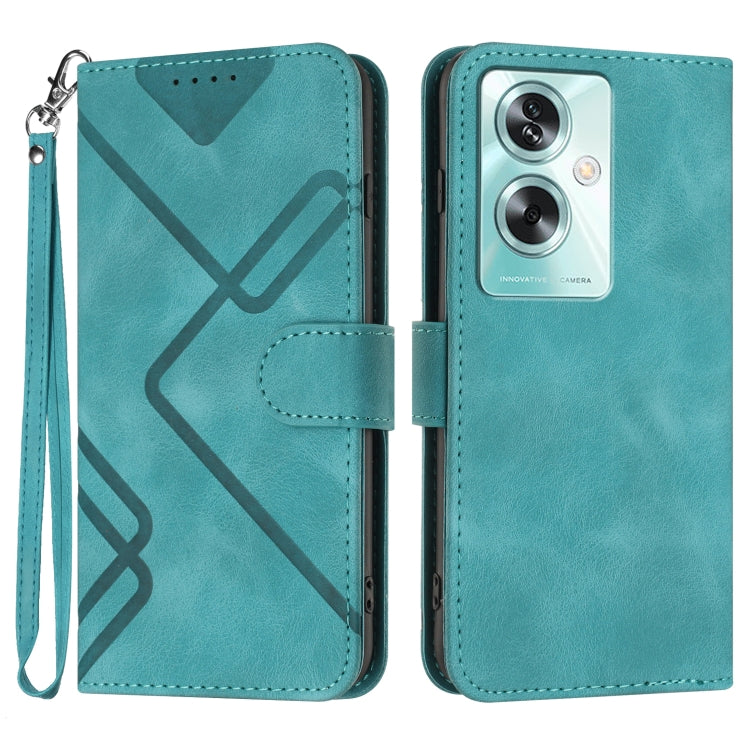Teal line-pattern leather wallet phone case with magnetic folio and wrist strap
