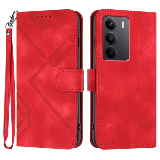 Red line-pattern leather flip phone case with wrist strap