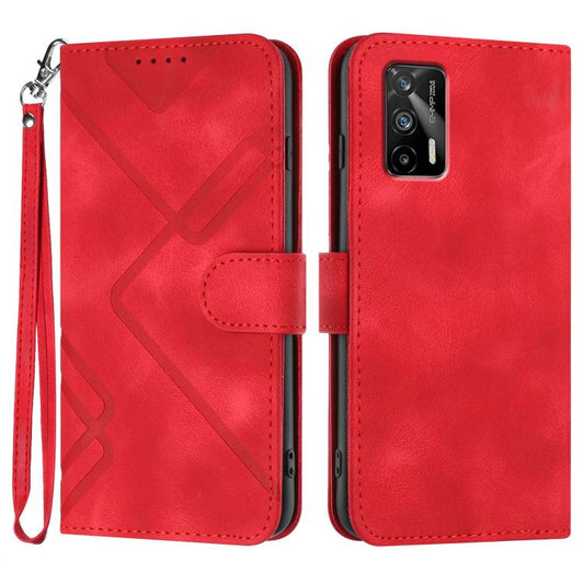 Red line-pattern leather wallet phone case with wrist strap and flip cover