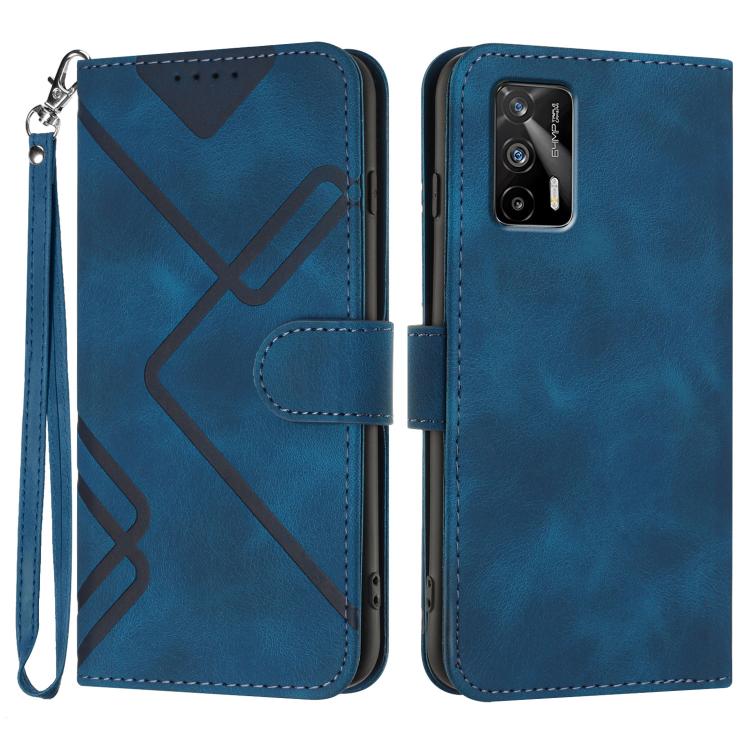 Blue line-pattern leather wallet phone case with wrist strap and flip cover