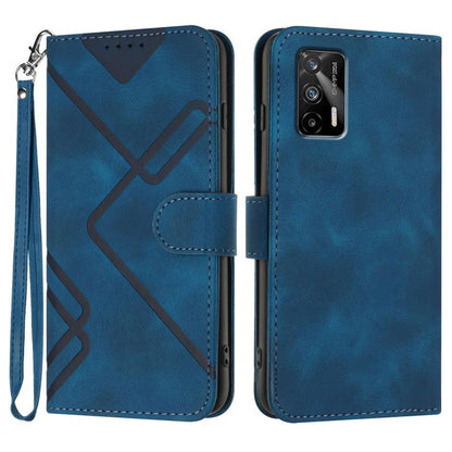 Blue line-pattern leather wallet phone case with wrist strap and flip cover