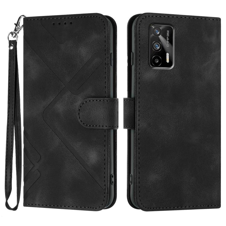 Black line-pattern leather wallet phone case with wrist strap and flip cover