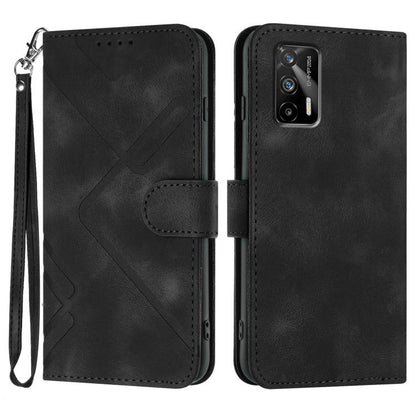 Black line-pattern leather wallet phone case with wrist strap and flip cover