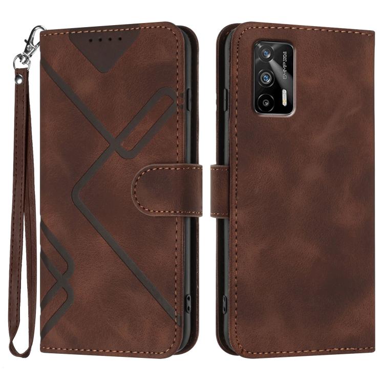 Brown line-pattern leather wallet phone case with wrist strap and flip cover