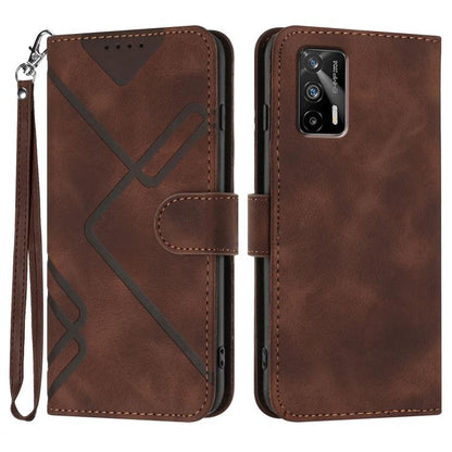 Brown line-pattern leather wallet phone case with wrist strap and flip cover
