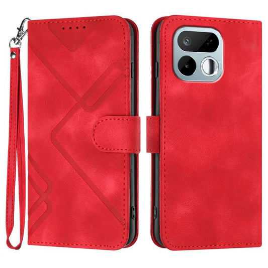 Red leather-look wallet phone case with line pattern, flip cover, and wrist strap.