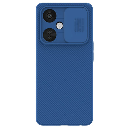 Blue phone case with dual camera cutouts and textured back panel.