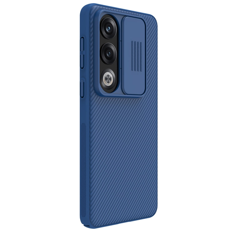 Blue phone case with dual camera cutouts, textured sides, and raised bezel.