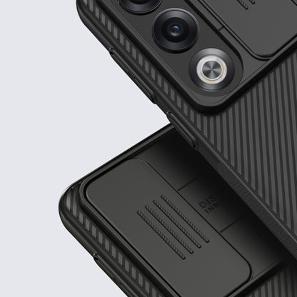 Black phone case with camera lenses, ridged detailing, and sliding cover panel.