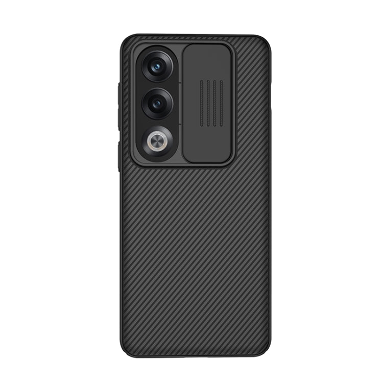 Black NILLKIN phone case with dual camera cutouts and textured diagonal back.