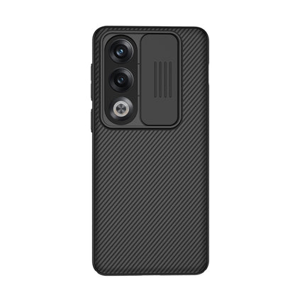 Black NILLKIN phone case with dual camera cutouts and textured diagonal back.