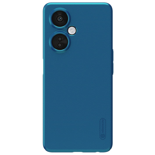 Blue frosted phone case with textured grip, dual camera cutouts, and button access