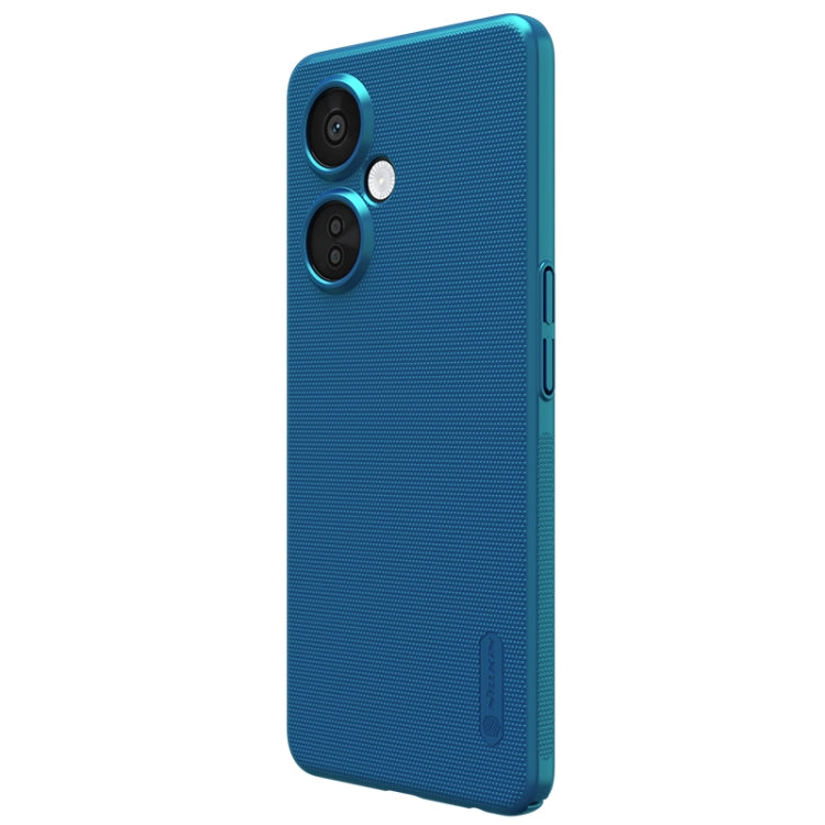 Blue frosted phone case side view with textured finish and port openings