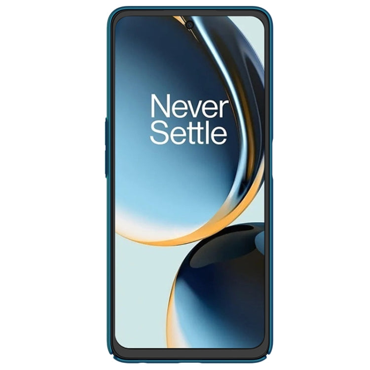 Phone with blue frosted case, showing side edges and camera cutouts