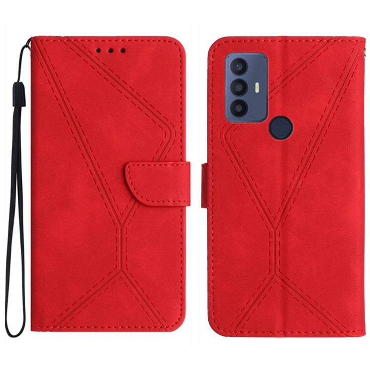 Red embossed leather folio phone case with stitched pattern and wrist strap