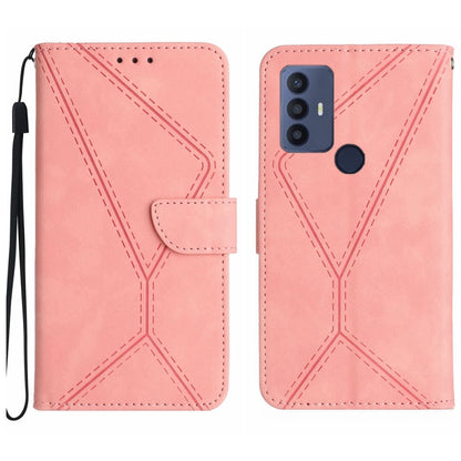 Pink embossed leather folio phone case with stitched pattern and wrist strap