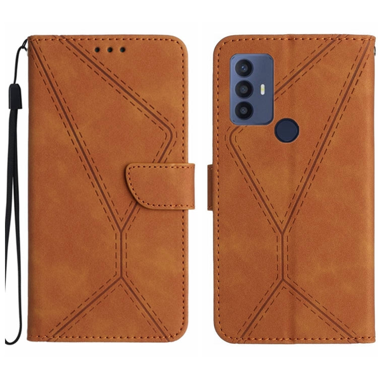 Brown embossed leather phone case with stitched geometric pattern, front folio flap, wrist strap