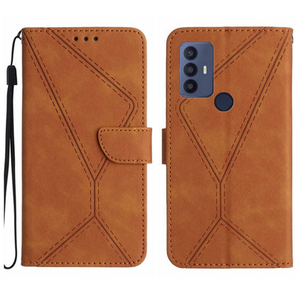 Brown embossed leather phone case with stitched geometric pattern, front folio flap, wrist strap