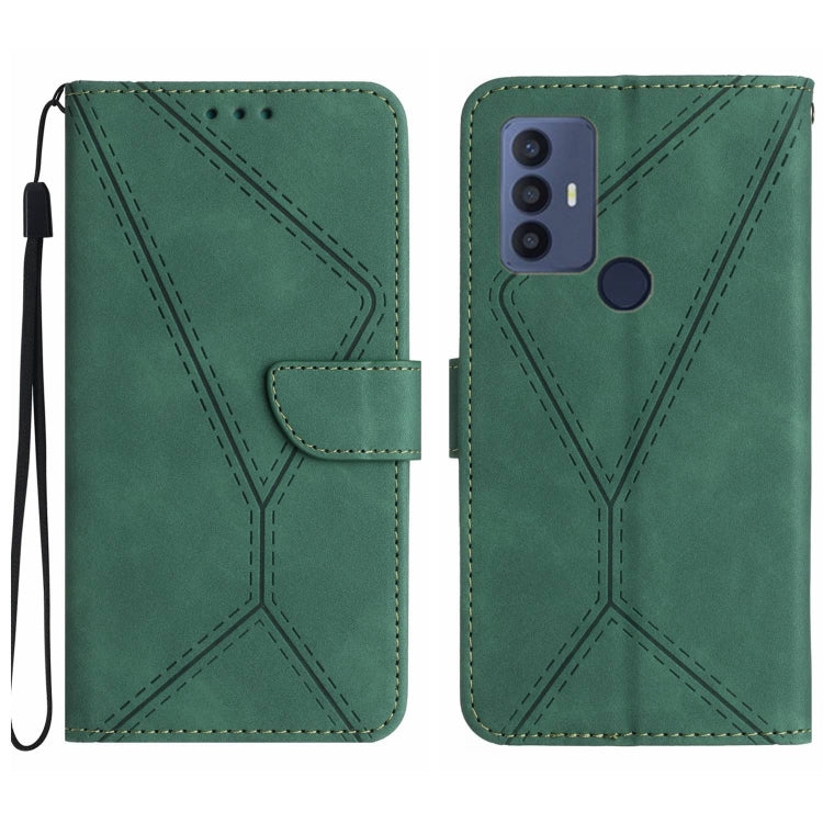 Green embossed leather phone case with stitched geometric pattern, front folio flap, wrist strap