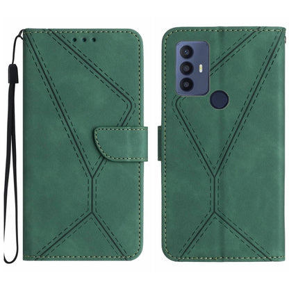 Green embossed leather phone case with stitched geometric pattern, front folio flap, wrist strap