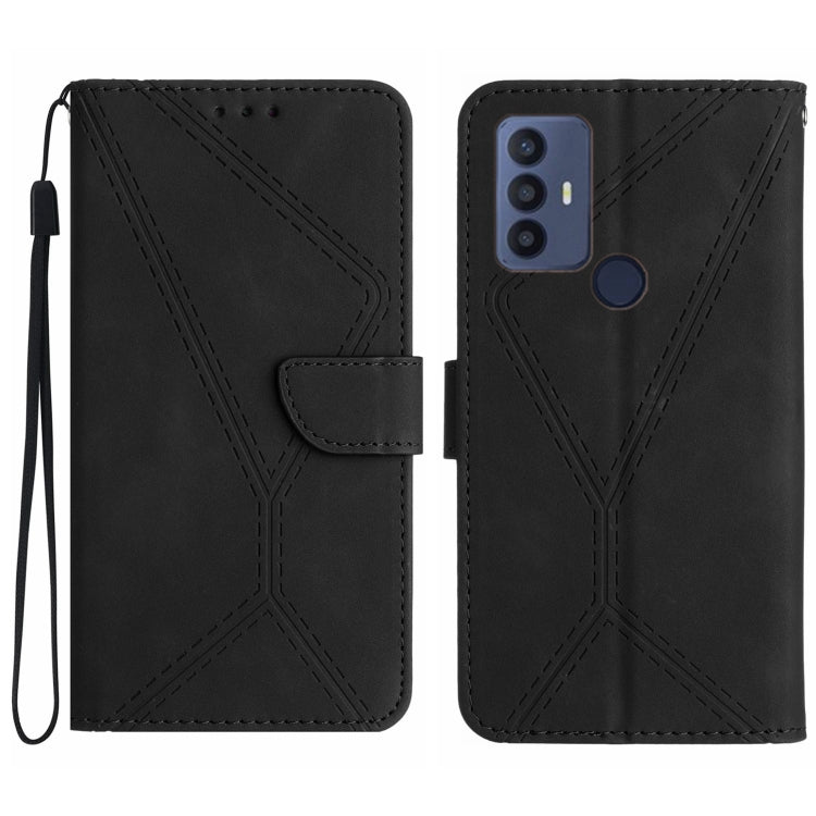 Black embossed leather phone case with stitched geometric pattern, front folio flap, wrist strap
