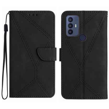 Black embossed leather phone case with stitched geometric pattern, front folio flap, wrist strap