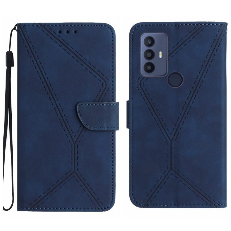 Blue embossed leather phone case with stitched geometric pattern, front folio flap, wrist strap