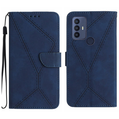Blue embossed leather phone case with stitched geometric pattern, front folio flap, wrist strap