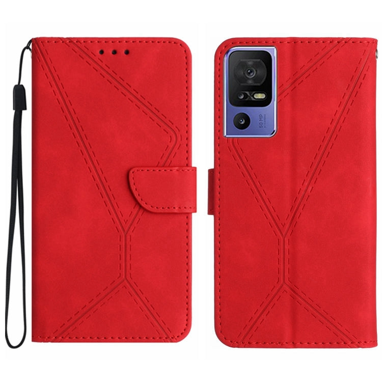 Red embossed leather folio phone case set: front, back, and wrist strap