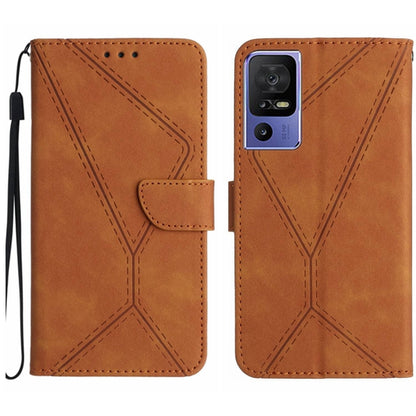 Brown embossed leather phone case with stitched geometric pattern, front folio flap, camera cutout
